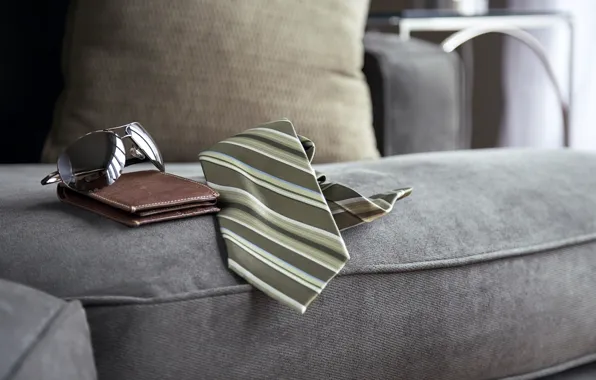 Picture sofa, glasses, tie, purse
