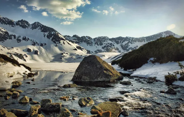 Picture cold, water, clouds, snow, mountains, river, stones, stone