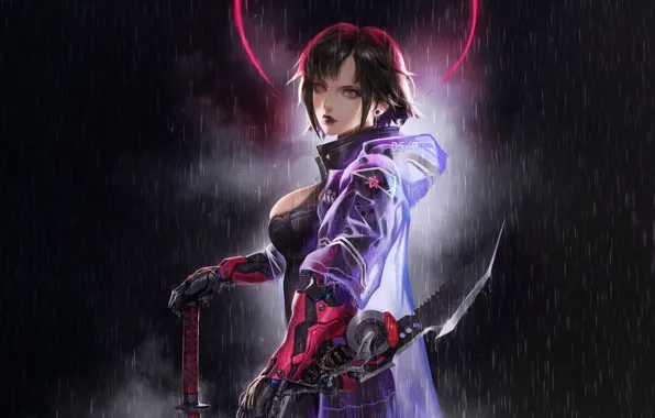 Girl, Minimalism, Rain, Asian, Girl, Sword, Asian, Night