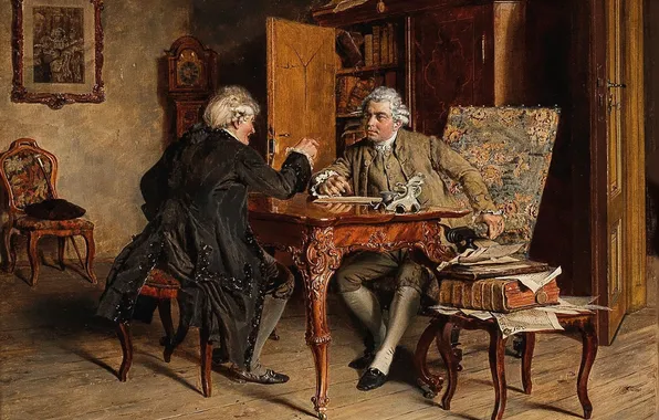 Table, Picture, Two, Interior, Men, The conversation, Austrian artist, Johann Hamza