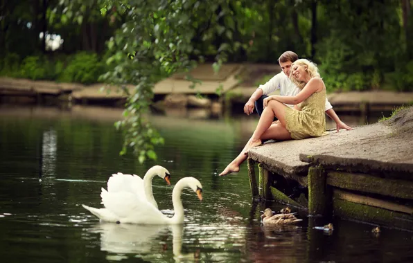 Summer, girl, birds, branches, nature, pond, people, romance