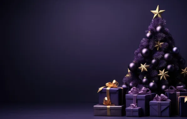 Balls, the dark background, Christmas, purple, gifts, New year, tree, bows