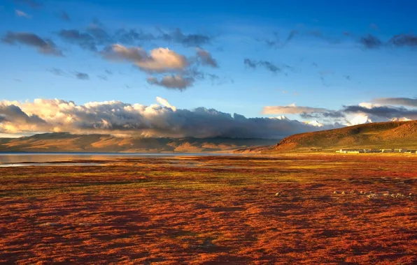 The sky, clouds, landscape, sunset, mountains, nature, lake, hills