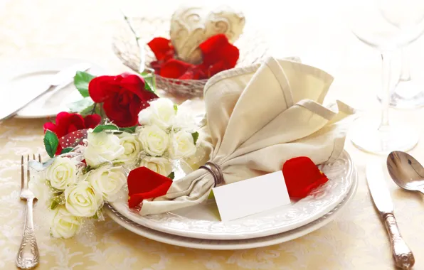 Flowers, roses, glasses, plates, restaurant, napkin, serving