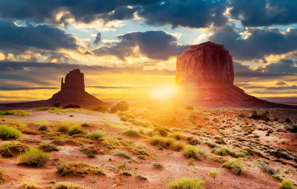 The sun, light, desert, Utah, USA, Monument valley, Arizona, geological formation