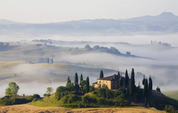 Landscape, nature, fog, hills, field, home, morning, Toscana