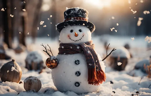 Winter, snow, New Year, Christmas, snowman, happy, Christmas, night