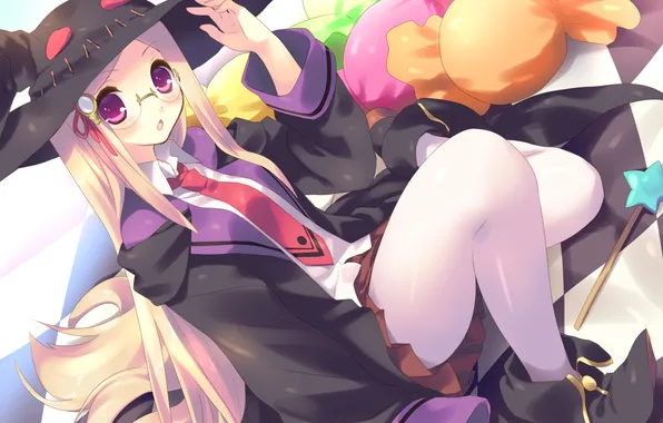 Picture girl, hat, anime, glasses, witch