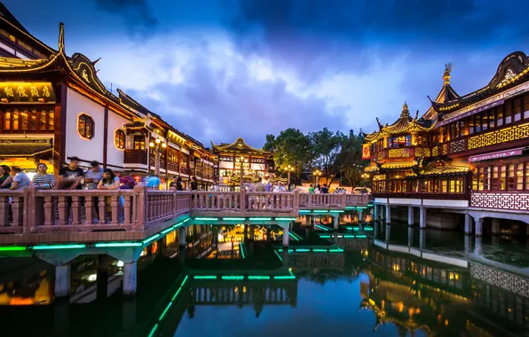 The sky, clouds, light, reflection, river, people, neon, garden