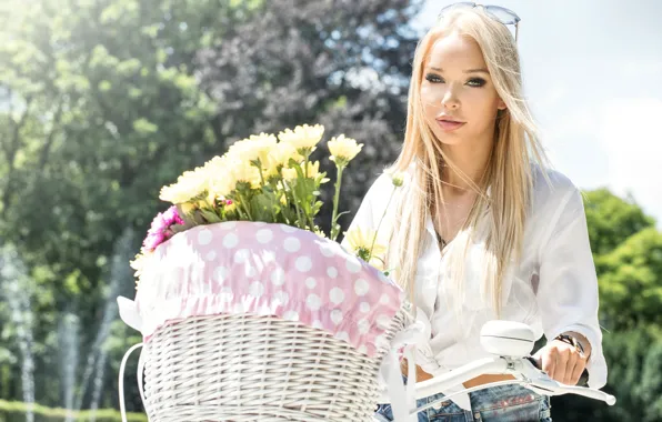 Picture white, the sun, trees, flowers, bike, basket, jeans, makeup