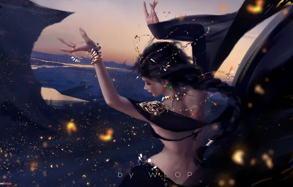 Girl, decoration, hands, dancing, long hair, by wlop