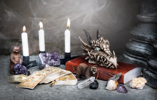 Card, dragon, candles, book, still life, Tarot