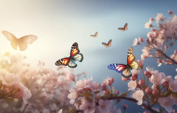 Light, butterfly, flowers, branches, butterfly, spring, pink, flowering