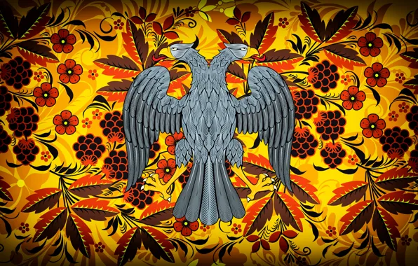 Flowers, Bird, Style, Eagle, Background, Coat of arms, Painting, Art