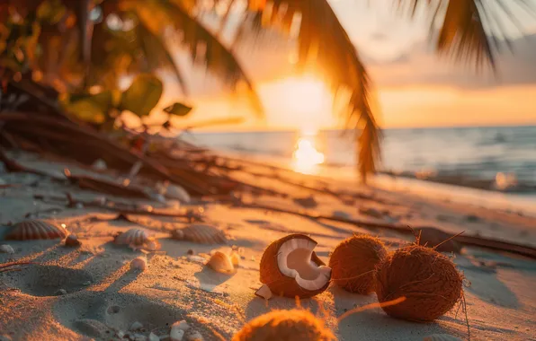 Sand, sea, beach, the sky, leaves, the sun, clouds, rays