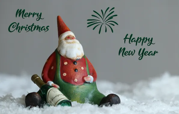 Snow, wine, the inscription, toy, bottle, doll, Christmas, New year