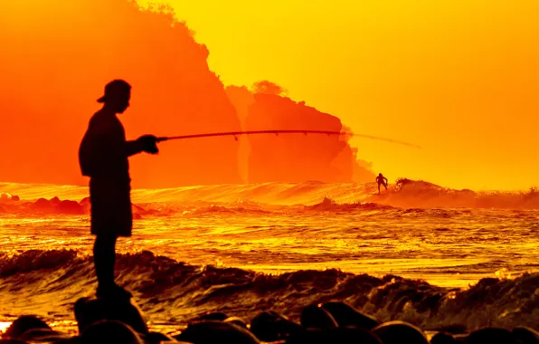 Wave, landscape, sunrise, the ocean, Wallpaper, shore, fishing, fisherman
