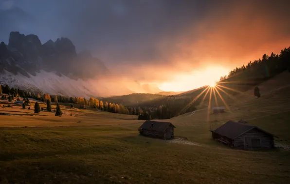 Picture the sun, rays, landscape, sunset, mountains, nature, the slopes, home