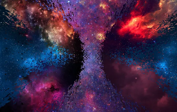Picture space, stars, blue, yellow, nebula, red, bright, reflection
