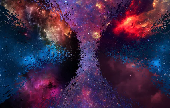 Space, stars, blue, yellow, nebula, red, bright, reflection