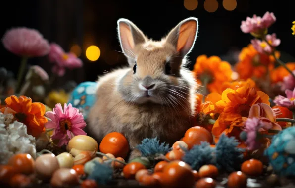 Look, light, flowers, nature, holiday, glade, hare, eggs