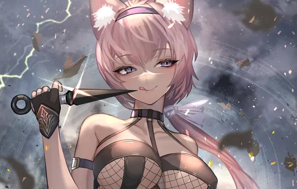 Girl, sexy, cleavage, pink hair, long hair, boobs, animal ears, anime