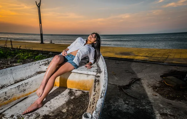 Girl, sunset, boat, Asian