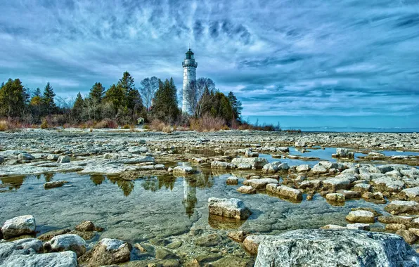 FOREST, STONES, WATER, HORIZON, The SKY, CLOUDS, REFLECTION, LIGHTHOUSE