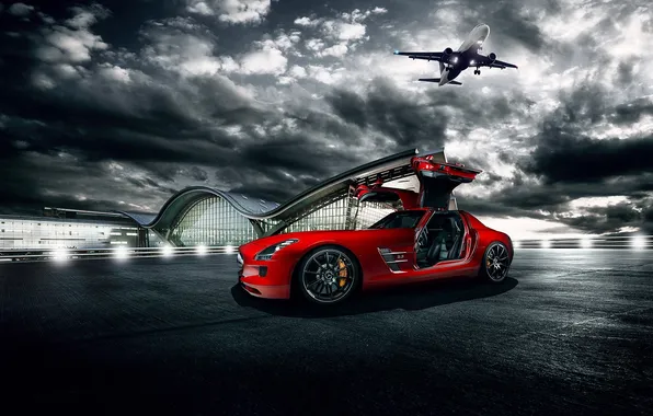 Picture red, Mercedes-Benz, airport, red, the plane, AMG, SLS, Mercedes Benz