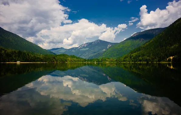 The sky, clouds, mountains, lake, reflection, mirror, hut
