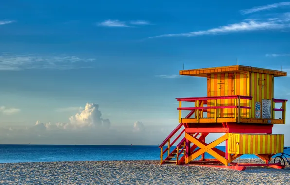 Sand, sea, beach, the sky, clouds, the ocean, Miami, tower