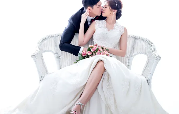 Picture girl, love, flowers, kiss, bouquet, dress, hairstyle, male