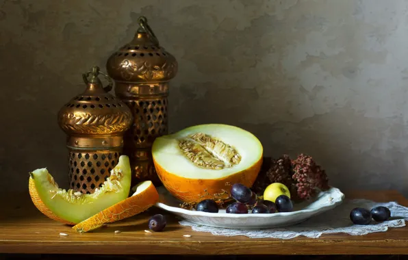 Table, wall, plate, grapes, fruit, still life, lanterns, slices