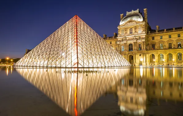 Night, lights, France, Paris, The Louvre, area, lights, pyramid