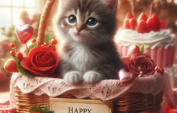 Cat, look, light, love, flowers, pose, berries, kitty