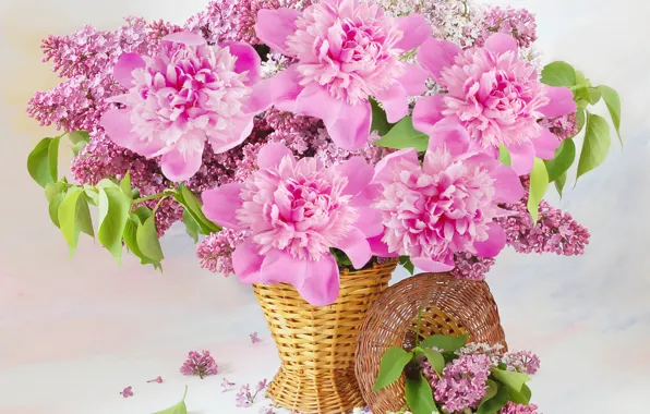 Flowers, basket, lilac, peonies