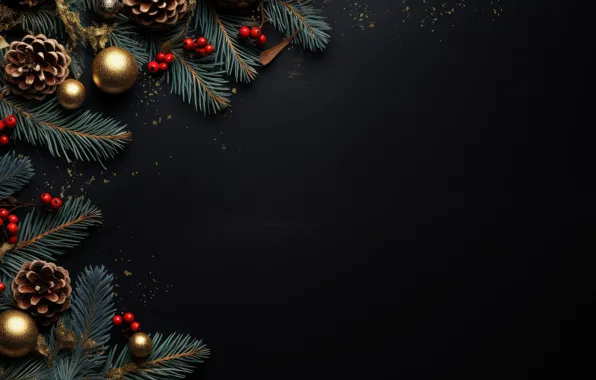 Balls, branches, berries, the dark background, fruit, Christmas, New year, black background