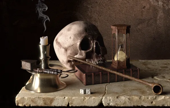 Picture time, skull, candle, tube, art, bones, book, hourglass