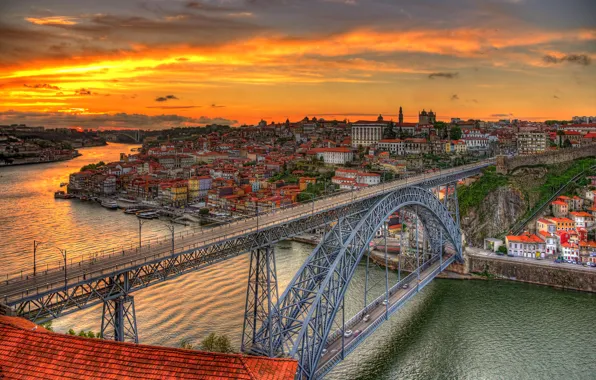 Sunset, bridge, river, home, the evening, channel, Portugal, Porto