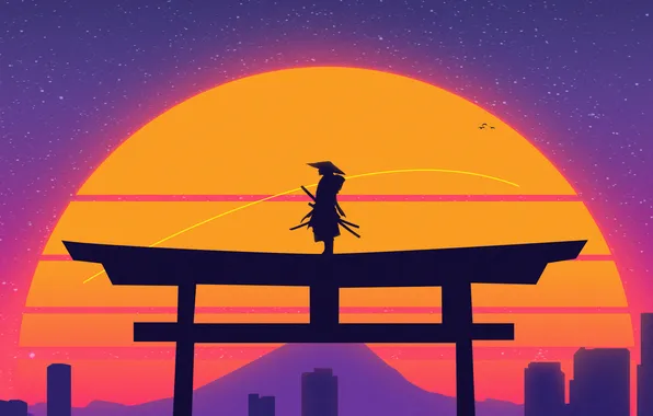Picture city, samurai, warrior, synthwave