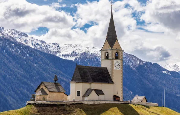 Clouds, mountains, Switzerland, Church