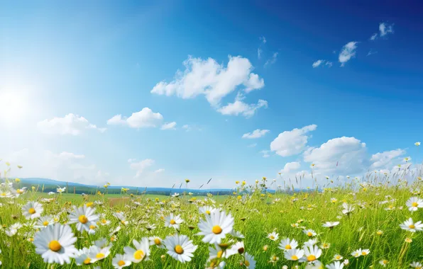 Field, the sun, chamomile, spring, meadow, sunshine, spring, camomiles