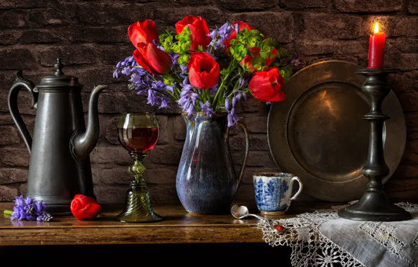 Picture flowers, style, glass, candle, bouquet, mug, tulips, pitcher