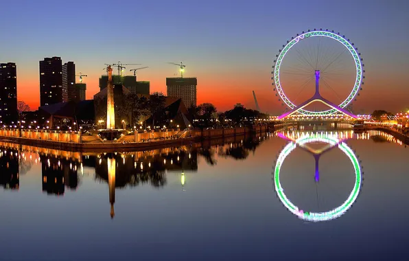 Night, the city, lights, reflection, river, home, Ferris wheel