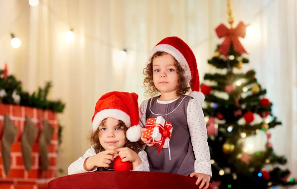 Children, gift, hat, tree, New year, Christmas, New Year, Gemini