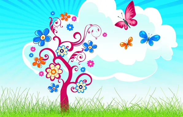 Grass, butterfly, tree, cloud, flowers