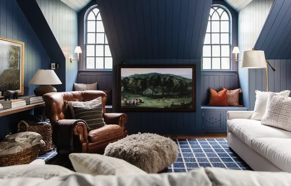 Design, style, interior, pictures, upholstered furniture, blue color in the interior, attic living room, A …