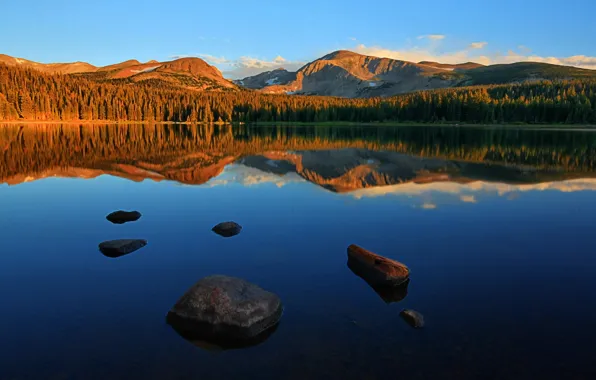 Picture forest, the sky, sunset, mountains, lake, reflection, stones