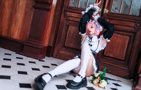 Flowers, bouquet, stockings, door, dress, costume, outfit, floor