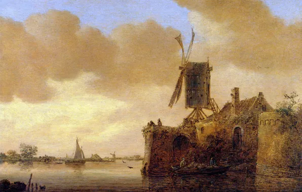 Picture house, boat, sail, windmill, Jan van Goyen, River Landscape